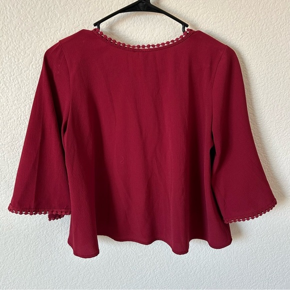 B Jewel Burgundy Crop Office Attire Blouse with 3/4 Sleeves - Picture 2 of 6